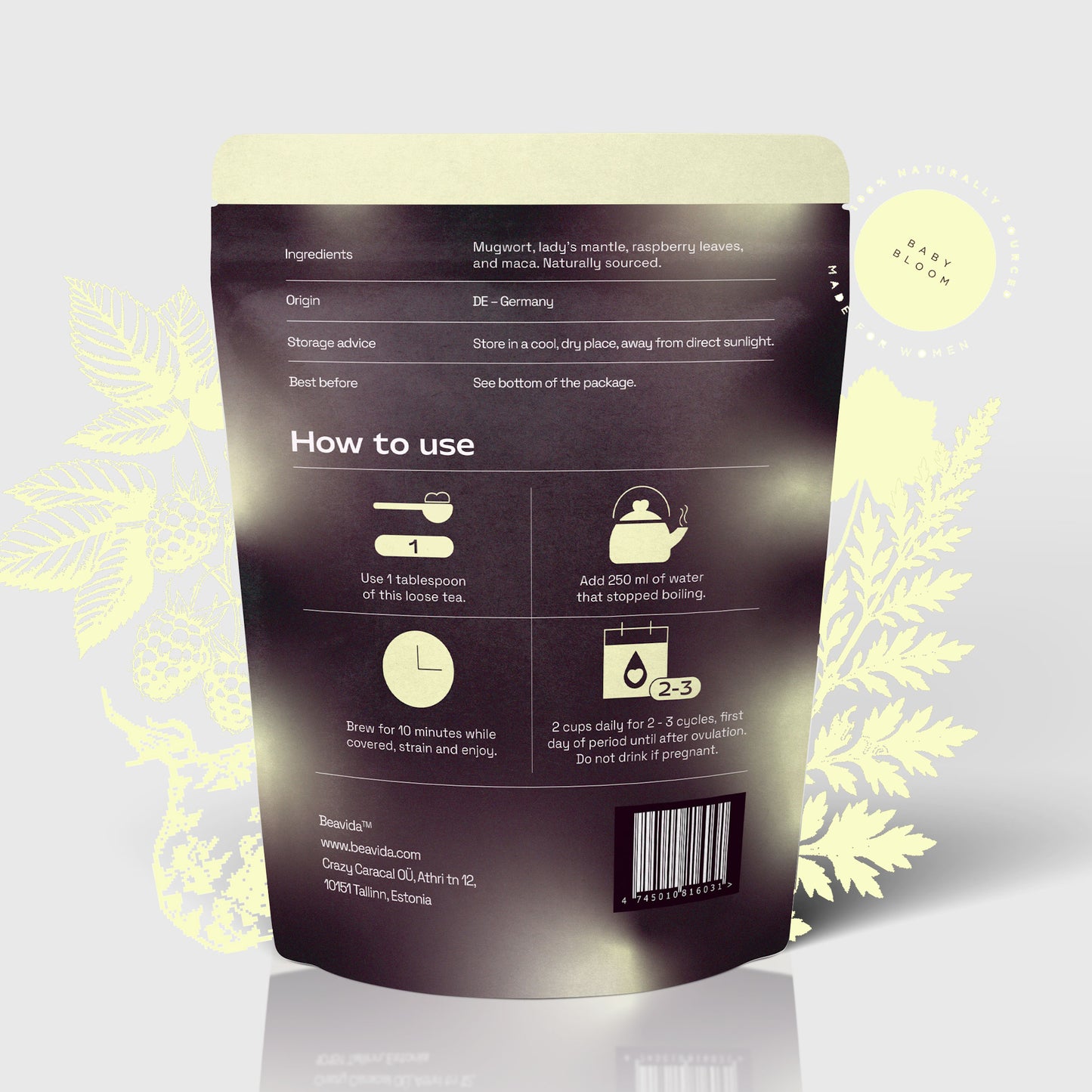 Love is in the Air fertility tea packaging back