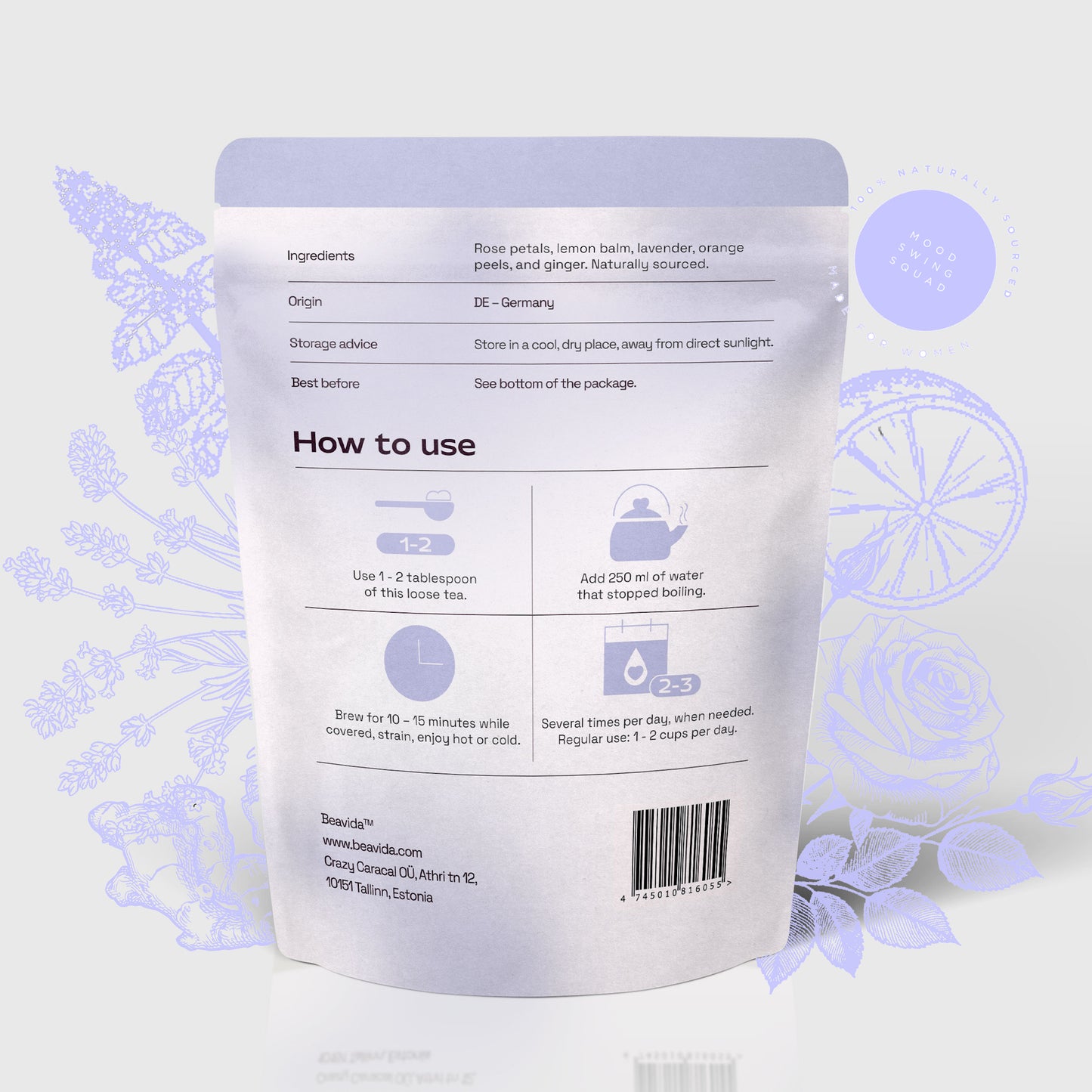 Stay Calm and Drink On PMS tea packaging back